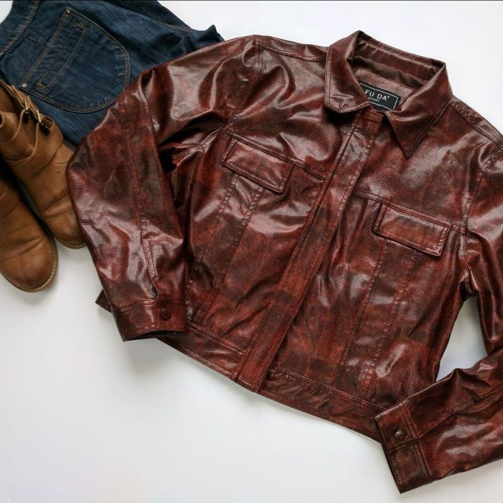 FU DA Sport Red Animal Texture Faux Leather Jacket Women’s Size Large Motorcycle